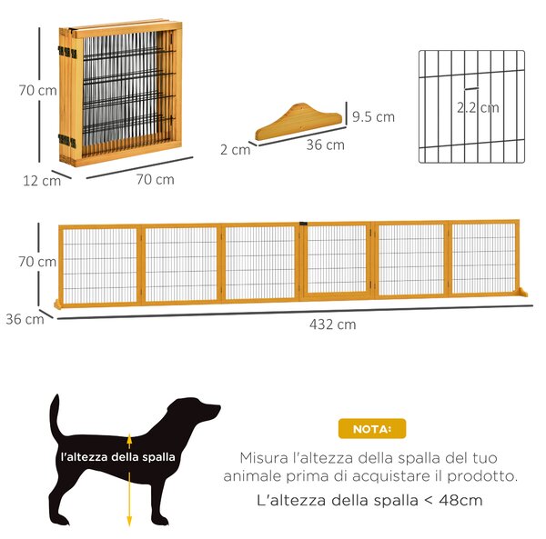 PawHut Cancelletto per Cani di Piccola/Media Taglia in Legno e Acciaio con 6 Pannelli Pieghevoli, 432x36x70cm|Aosom