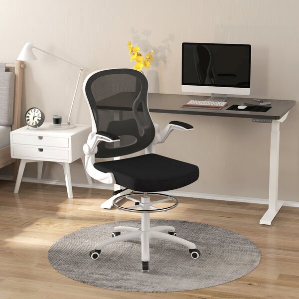 Vinsetto Sedia da Ufficio Ergonomica in Tessuto Traspirante con Altezza Regolabile e Braccioli Ribaltabili, 59x65x110-130 cm, Bianca e Nera|Aosom