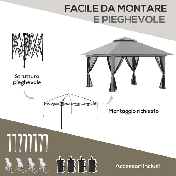 Outsunny Gazebo Pieghevole 4x4 con Borsa da Trasporto, Picchetti, Funi e Sacchi di Sabbia, in Acciaio e tessuto Oxford, 392x392x283 cm, Grigio | Aosom