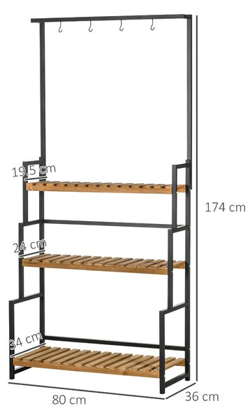Outsunny Portafiori a 3 Livelli con Ganci Superiori in Legno di Abete e Metallo per Interno ed Esterno, 80x36x174 cm, Nero e color Legno|Aosom