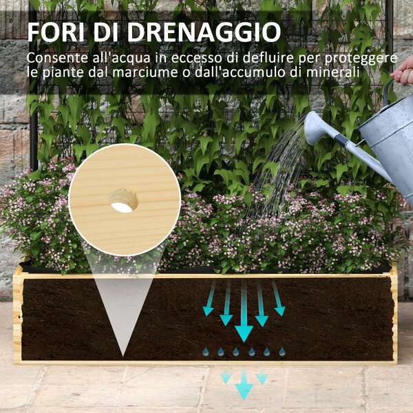Outsunny Fioriera con Grigliato e 2 Fori di Drenaggio, in Legno di Abete e Acciaio, 80x38x145 cm|Aosom