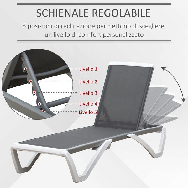 Outsunny Lettino da Giardino con Schienale Reclinabile e Rotelle Posteriori, 195x67.5x33 cm, Grigio e Bianco|Aosom