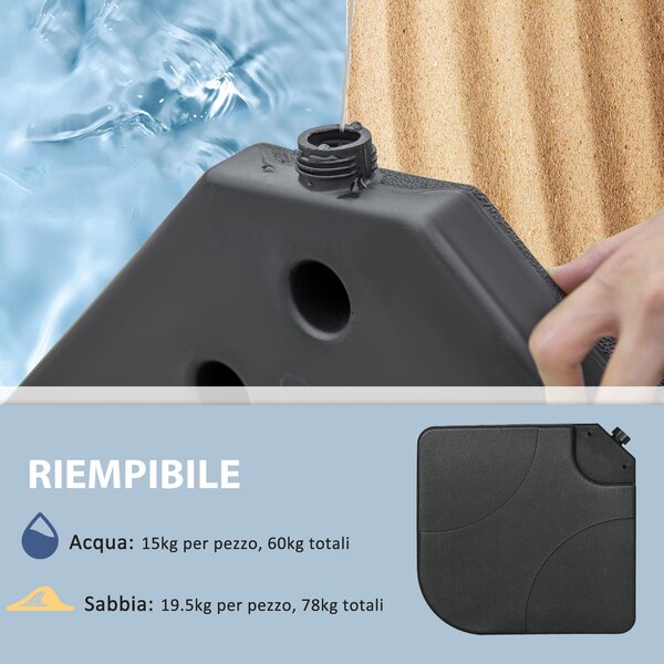 Outsunny Base per Ombrellone Set 4 Pezzi in HDPE Riempibile con Acqua o Sabbia, 104x104x7.5 cm, Nera|Aosom