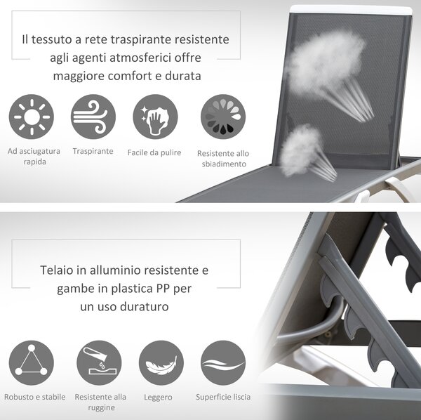 Outsunny Lettino da Giardino con Schienale Reclinabile e Rotelle Posteriori, 195x67.5x33 cm, Grigio e Bianco|Aosom