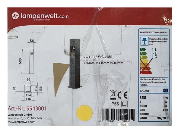 Lampenwelt - Colonna luminosa LED da esterno AMELIA LED/7W/230V IP55