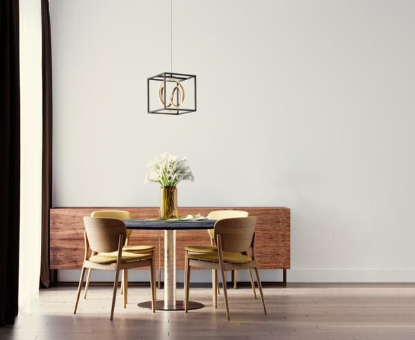 Lampada a sospensione a LED nera e dorata, a una luce, dimmerabile tramite telecomando e con luce diurna