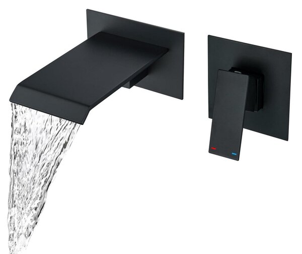 Miscelatore per lavabo, montaggio a parete, nero, design a cascata, monocomando, 2 fori, installazione a incasso