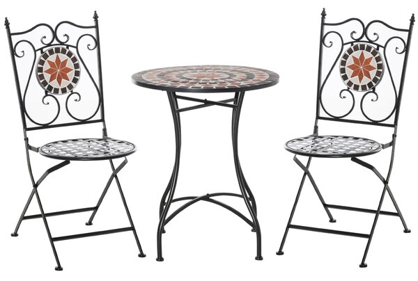 Set Tavolo e 2 Sedie Pieghevoli da Giardino con Mosaico in Metallo Nero
