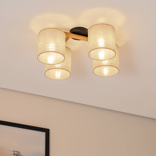 Plafoniera Deva, 4 luci, tessuto Deva TK Lighting, dimmerabile, Legno chiaro, Soggiorno / Sala da pranzo, Legno, Scandinavo