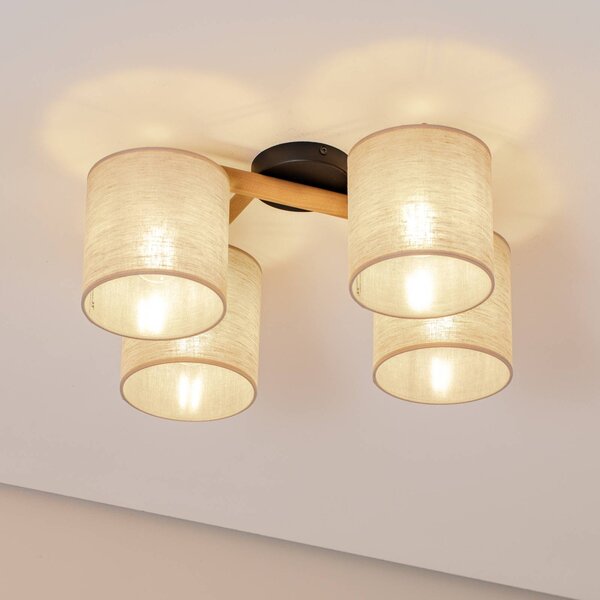 Plafoniera Deva, 4 luci, tessuto Deva TK Lighting, dimmerabile, Legno chiaro, Soggiorno / Sala da pranzo, Legno, Scandinavo