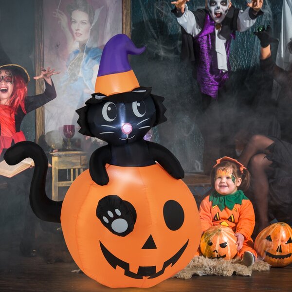 Costway Decorazione gonfiabile di Halloween, Gatto con cappello da mago seduto dentro una zucca con luci LED soffiatore