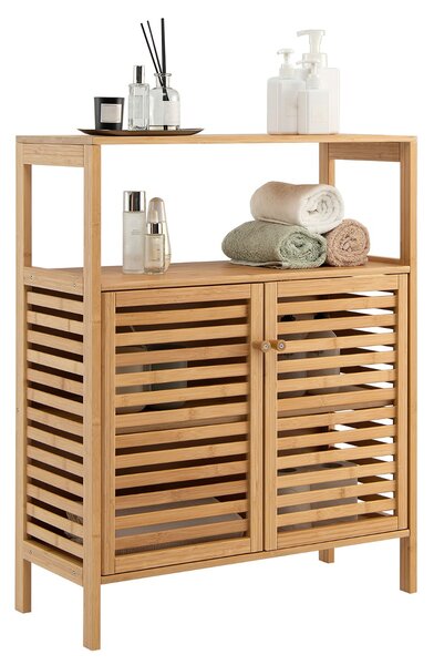 Costway Mobile da bagno in bambù con ripiano aperto e doppie porte, Organizzatore di stoccaggio per cucina Naturale
