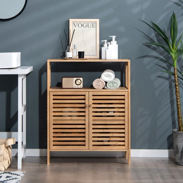 Costway Mobile da bagno in bambù con ripiano aperto e doppie porte, Organizzatore di stoccaggio per cucina Naturale