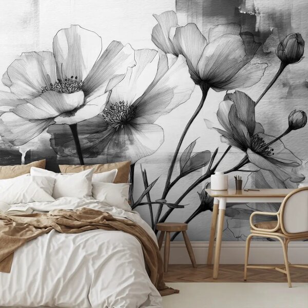 Fiori selvatici - Schizzo artistico in bianco e nero di boccioli botanici in fiore