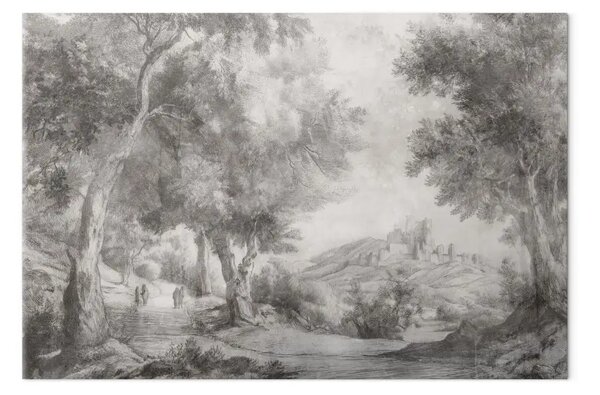 Paesaggio storico: sentiero nel bosco che conduce al castello sulla collina