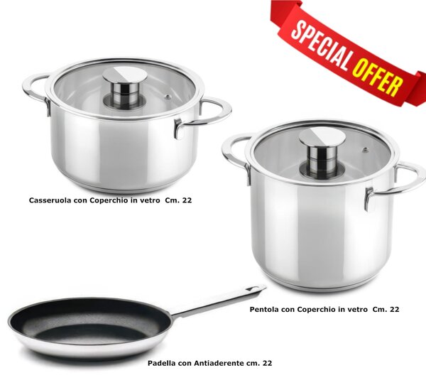 Batteria di pentole 5 pezzi GOURMET acciaio inox 18/10 con coperchi in vetro pyrex adatta per per piano elettrico, induzione, gas, alogeno, vetroceramica , forno