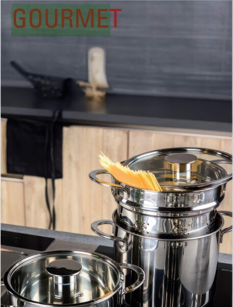Batteria di pentole 5 pezzi GOURMET acciaio inox 18/10 con coperchi in vetro pyrex adatta per per piano elettrico, induzione, gas, alogeno, vetroceramica , forno