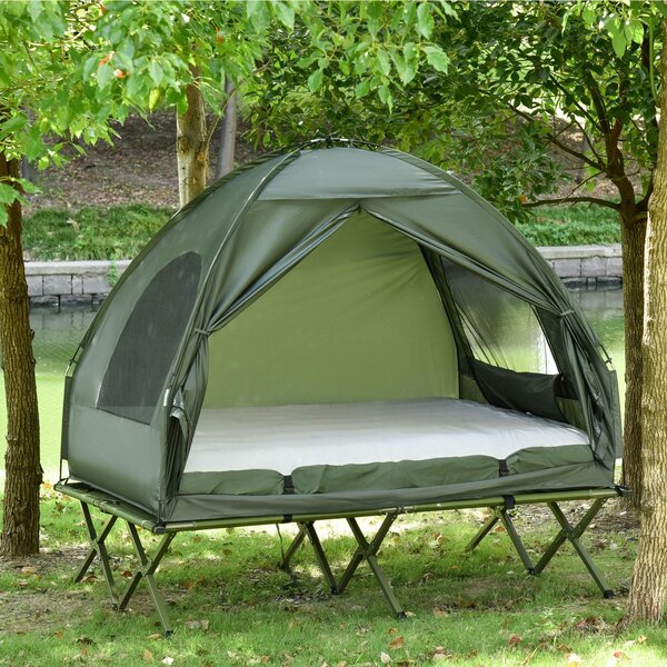 Letto da campeggio rialzato con tenda a cupola – con materasso gonfiabile e pompa inclusi, in taffetà, 193x136x178 cm, per avventure all'aria aperta, verde