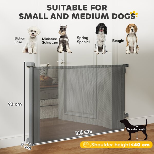 PawHut Barriera di Sicurezza Retrattile Estendibile per Cani, Scale e Porte, 149x9x93 cm, Grigio | Aosom Italy