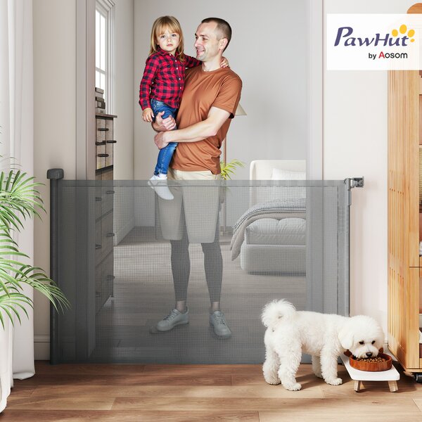 PawHut Barriera di Sicurezza Retrattile Estendibile per Cani, Scale e Porte, 149x9x93 cm, Grigio | Aosom Italy