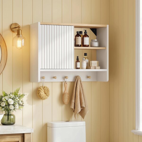 HOMCOM Mobile contenitore da parete per bagno con anta, ripiani aperti e 5 ganci, 60x20x40 cm, Bianco | Aosom Italy