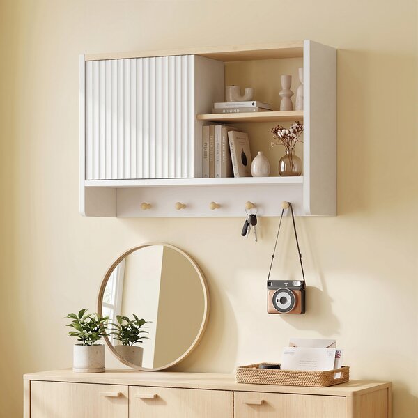 HOMCOM Mobile contenitore da parete per bagno con anta, ripiani aperti e 5 ganci, 60x20x40 cm, Bianco | Aosom Italy
