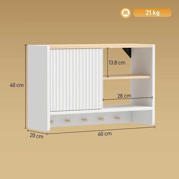 HOMCOM Mobile contenitore da parete per bagno con anta, ripiani aperti e 5 ganci, 60x20x40 cm, Bianco | Aosom Italy