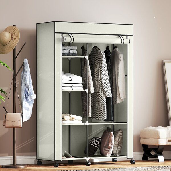 HOMCOM Armadio con appendiabiti e ripiani aperti, mobile contenitore 6 ruote, 103x43x162,5 cm, crema | Aosom Italy