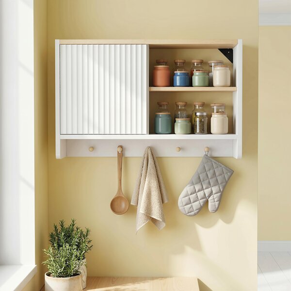 HOMCOM Mobile contenitore da parete per bagno con anta, ripiani aperti e 5 ganci, 60x20x40 cm, Bianco | Aosom Italy