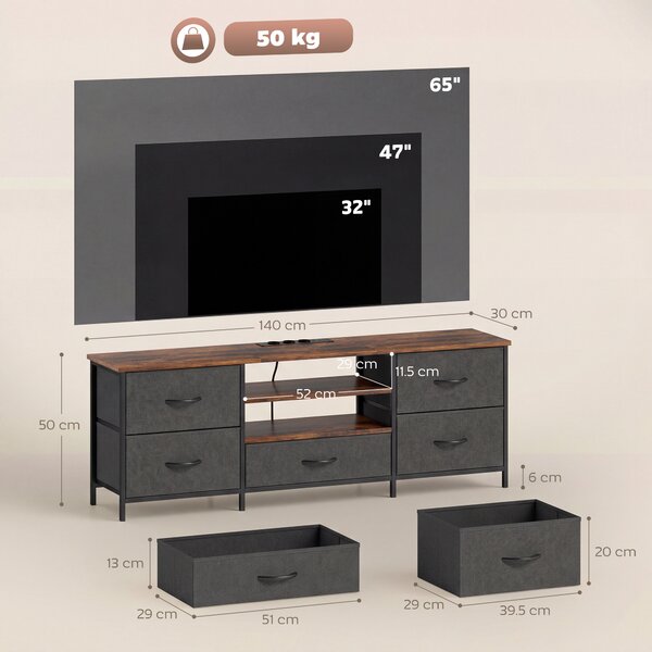 HOMCOM Mobile TV con stazione di ricarica, ripiani aperti e 5 cassetti in tessuto, 140x30x50 cm, marrone | Aosom Italy