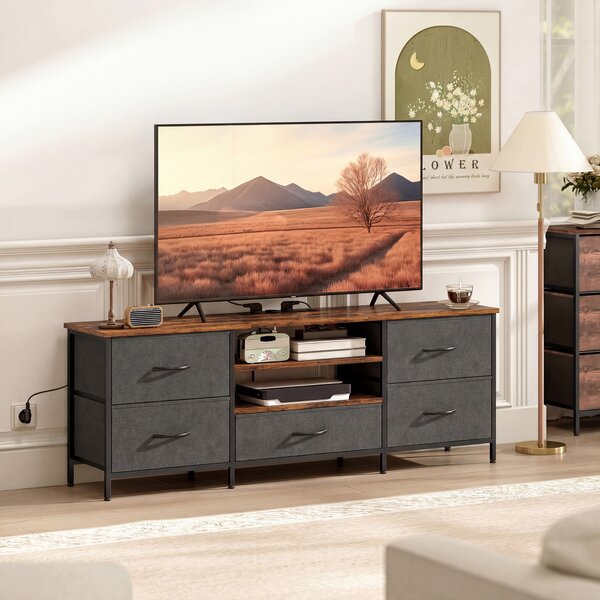 HOMCOM Mobile TV con stazione di ricarica, ripiani aperti e 5 cassetti in tessuto, 140x30x50 cm, marrone | Aosom Italy