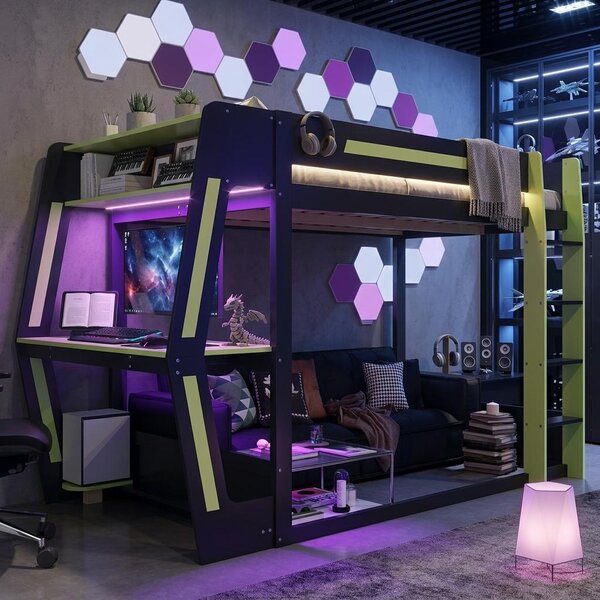Letto a soppalco gaming 120x200 cm, nero e verde, con scrivania gaming, supporto per PC, illuminazione LED, spazio di stoccaggio e area sottiletta flessibile