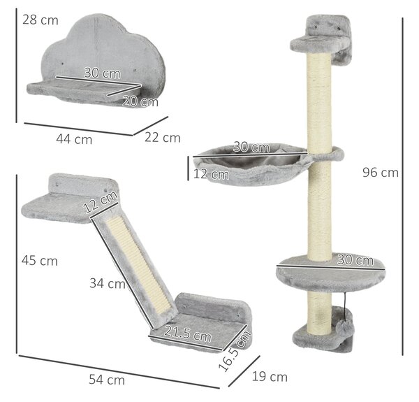 PawHut Mensole per Gatti 3 Pezzi con Amaca e Rampa, Tiragraffi Piattaforma a Forma di Nuvola, 30x30x96 cm, Grigio | Aosom Italy