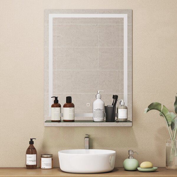 Kleankin Specchio per Bagno con 3 Colori di Luce e Ripiano in Vetro, Funzione Memoria e Interruttore Tattile, 60x80 cm, Argento | Aosom Italy