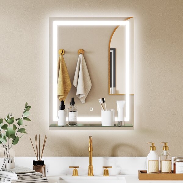 Kleankin Specchio per Bagno con 3 Colori di Luce e Ripiano in Vetro, Funzione Memoria e Interruttore Tattile, 60x80 cm, Argento | Aosom Italy