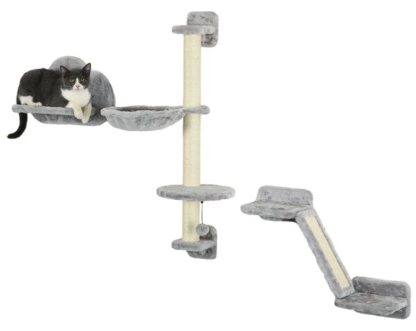 PawHut Mensole per Gatti 3 Pezzi con Amaca e Rampa, Tiragraffi Piattaforma a Forma di Nuvola, 30x30x96 cm, Grigio | Aosom Italy