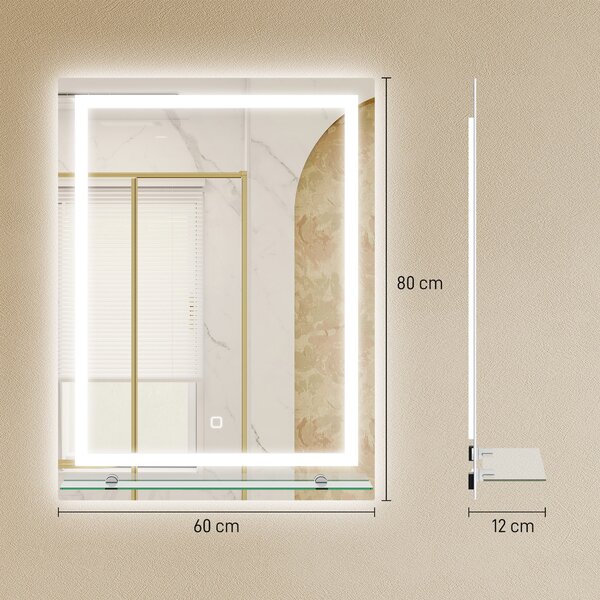 Kleankin Specchio per Bagno con 3 Colori di Luce e Ripiano in Vetro, Funzione Memoria e Interruttore Tattile, 60x80 cm, Argento | Aosom Italy