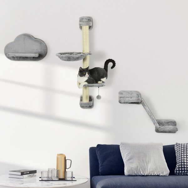 PawHut Mensole per Gatti 3 Pezzi con Amaca e Rampa, Tiragraffi Piattaforma a Forma di Nuvola, 30x30x96 cm, Grigio | Aosom Italy