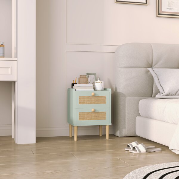 HOMCOM Comodino Versatile con 2 cassetti, in effetto rattan naturale e struttura in legno, 39,8x30x52,5 cm, verde oliva | Aosom Italy
