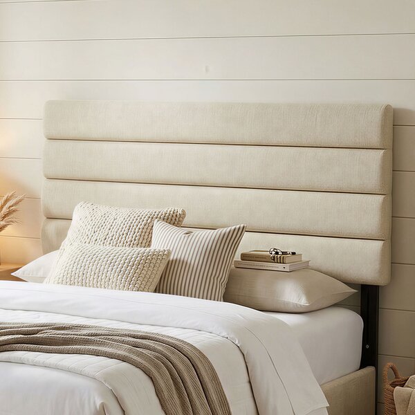 HOMCOM Testiera Letto Imbottita in Lino, Altezza Regolabile 3 Livelli da Fissare a Parete, 140x10x106-126 cm, Beige | Aosom Italy