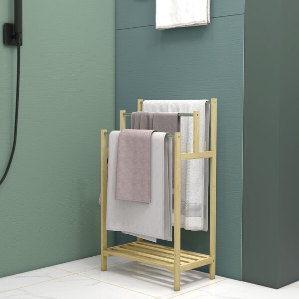HOMCOM Portasciugamani da Terra in Bambù con 3 Barre in Acciaio e Inossidabile Mensola Aperta, 50,5x31x90 cm, Naturale | Aosom Italy