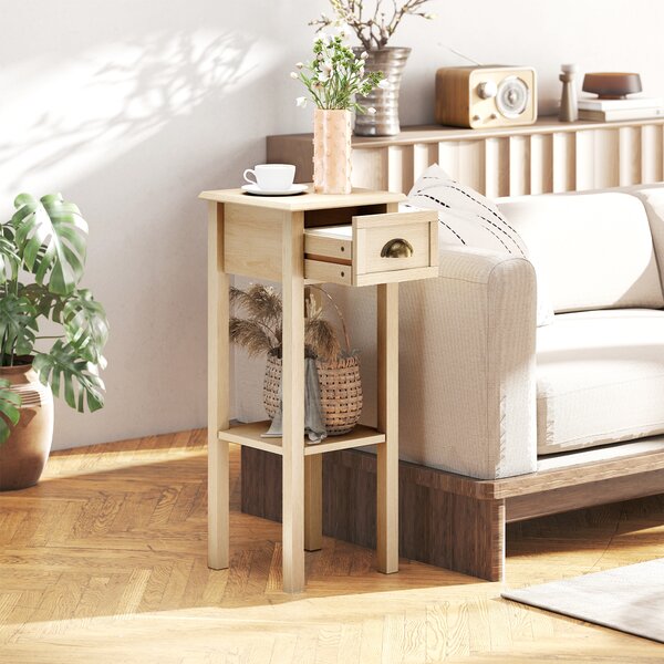 HOMCOM Tavolino Rustico con Cassetto e Mensola, per Soggiorno e Camera da Letto, 30x30x75 cm, Legno Naturale | Aosom Italy
