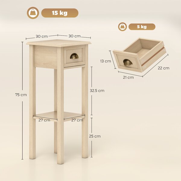 HOMCOM Tavolino Rustico con Cassetto e Mensola, per Soggiorno e Camera da Letto, 30x30x75 cm, Legno Naturale | Aosom Italy