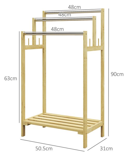HOMCOM Portasciugamani da Terra in Bambù con 3 Barre in Acciaio e Inossidabile Mensola Aperta, 50,5x31x90 cm, Naturale | Aosom Italy