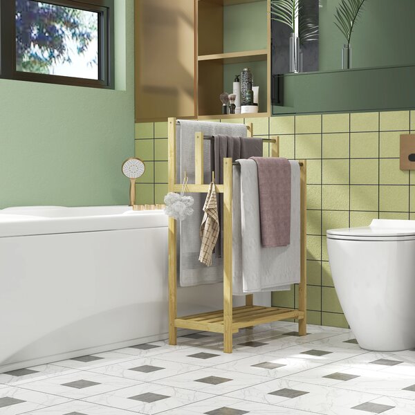 HOMCOM Portasciugamani da Terra in Bambù con 3 Barre in Acciaio e Inossidabile Mensola Aperta, 50,5x31x90 cm, Naturale | Aosom Italy