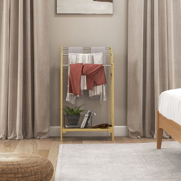 HOMCOM Portasciugamani da Terra in Bambù con 3 Barre in Acciaio e Inossidabile Mensola Aperta, 50,5x31x90 cm, Naturale | Aosom Italy