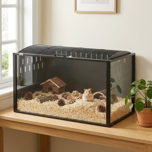 PawHut Gabbia per Criceti Grande con Coperchio Ventilato Ribaltabile, Telaio in Acciaio e Pannelli Trasparenti, 105x51x53 cm, Nero | Aosom Italy