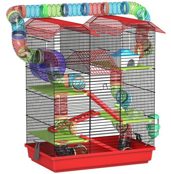 PawHut Gabbia a 5 Livelli per Criceti con Tunnel e Ciotola, Fontanella e Casetta, per Esercizio Scale, 47x30x59 cm, Rosso | Aosom Italy