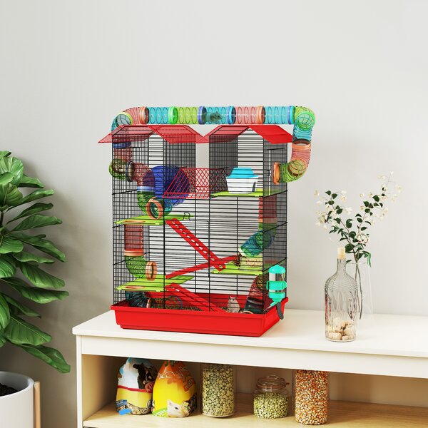 PawHut Gabbia a 5 Livelli per Criceti con Tunnel e Ciotola, Fontanella e Casetta, per Esercizio Scale, 47x30x59 cm, Rosso | Aosom Italy