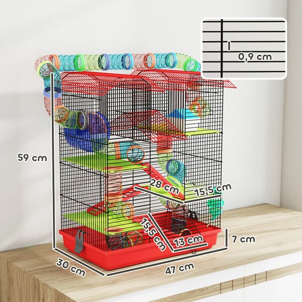 PawHut Gabbia a 5 Livelli per Criceti con Tunnel e Ciotola, Fontanella e Casetta, per Esercizio Scale, 47x30x59 cm, Rosso | Aosom Italy